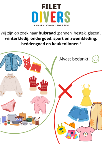 de afbeelding toont potten, pannen, winterkleding, ondergoed en sportkleding en de tekst dat we op zoek zijn naar huisraad zoals pannen, bestek en glazen, naar winterkledij, ondergoed, sport- en zwemkledij en naar beddengoed en keukenlinnen